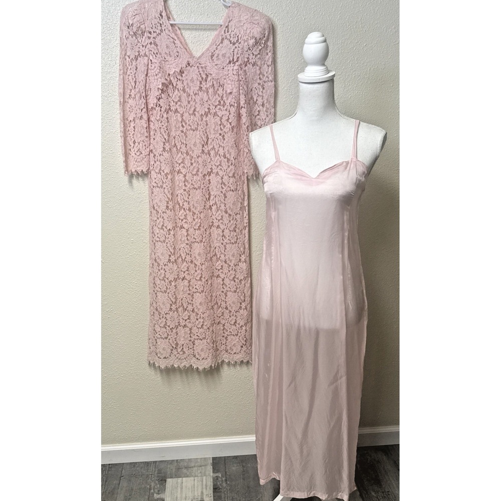 Vtg 80s Dress Floral Lace Overlay Long Handmade Romantic Coquette Garden Cottage